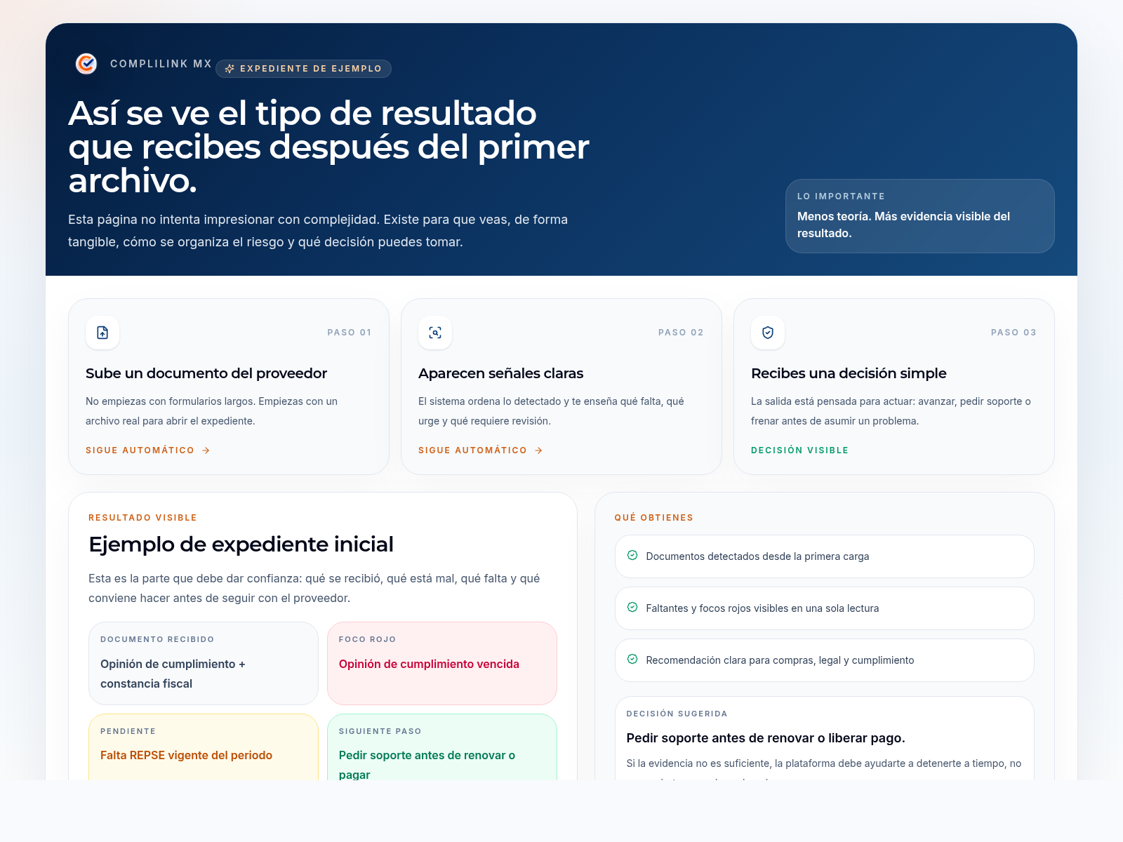Captura real del expediente demo en CompliLink MX con hallazgos y siguiente paso visible